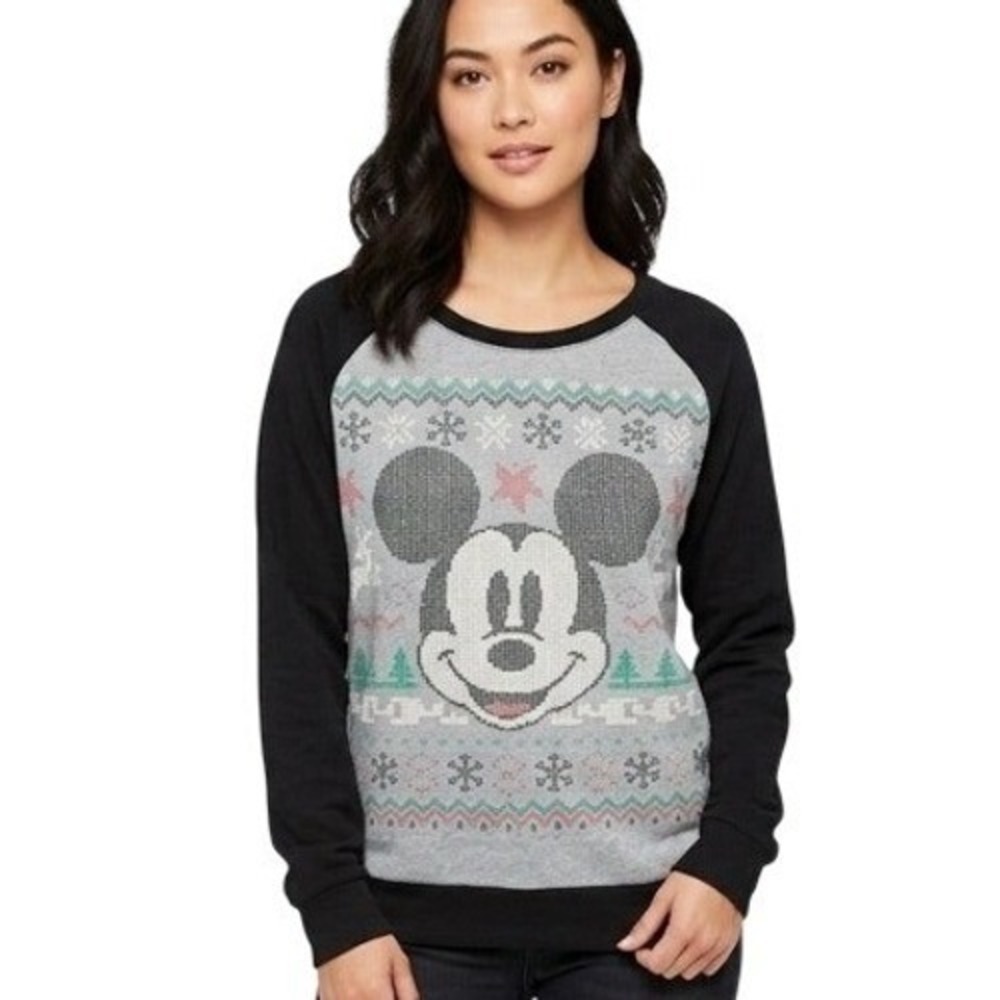 Disney Sweatshirt Womens 19 Gray Mickey Mouse Christmas Fair Isle Pullover Gift